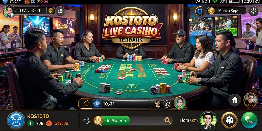 Screenshot gameplay KOSTOTO menampilkan dealer profesional dan suasana kasino yang menegangkan.