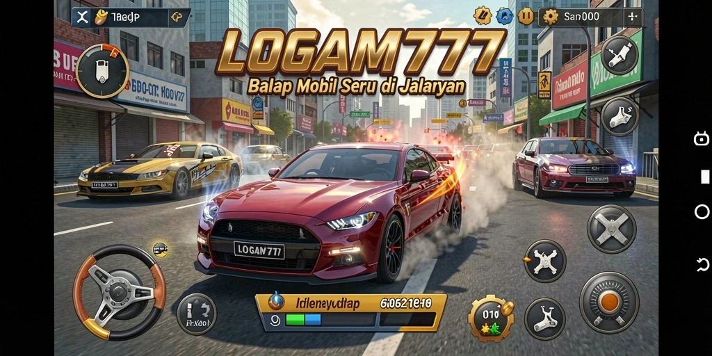 Tampilan gameplay LOGAM777 dengan aksi balap mobil yang mendebarkan.