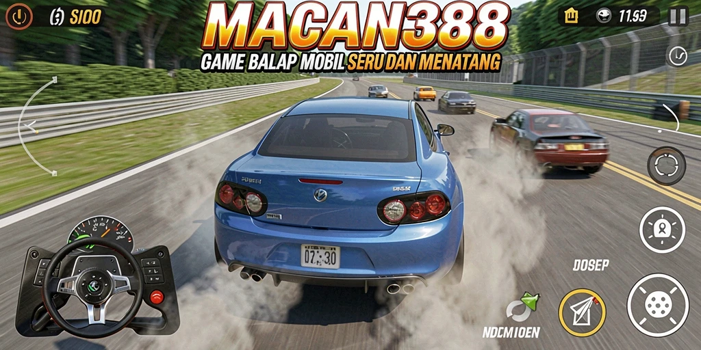 Screenshot menunjukkan aksi balap yang mendebarkan di MACAN388.