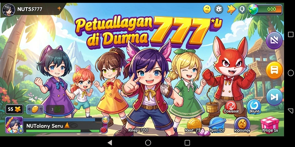 Screenshot utama NUTS777 menampilkan karakter anime dalam aksi seru.