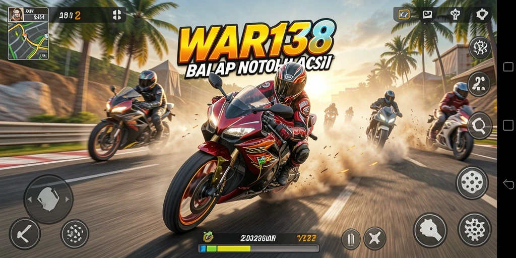 Screenshot gameplay WAR138 menampilkan aksi balap motor yang mengesankan.